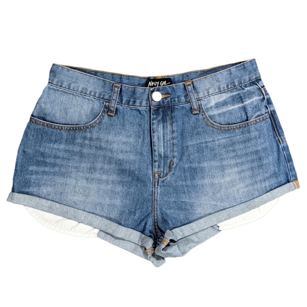 Nasty Gal Denim Shorts Womens 28 Blue Cuffed Mid Rise Medium Wash Excellent